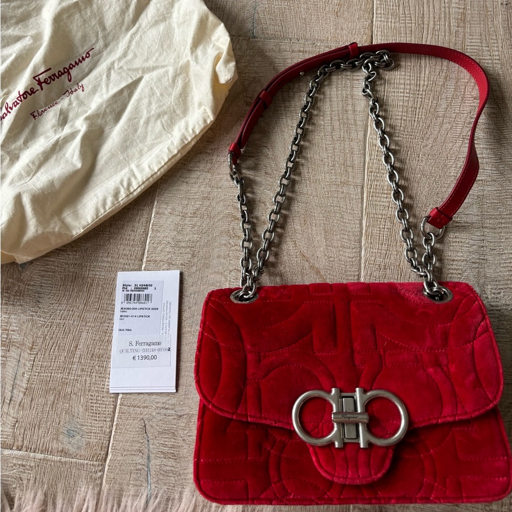 New Salvatore Ferragamo red Gancini turnlock flap quilted velvet bag